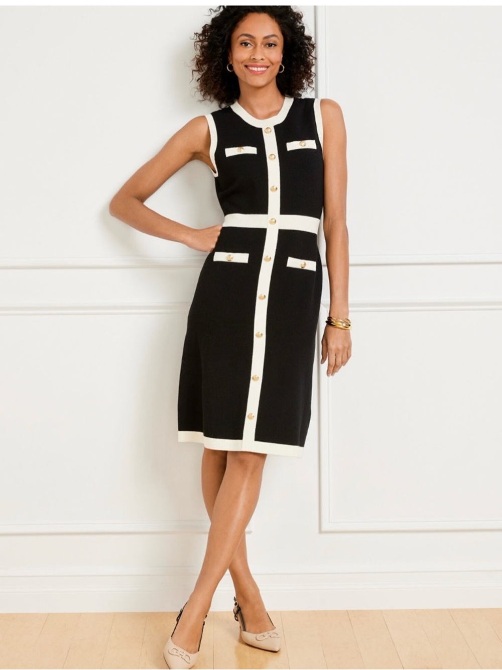 Talbots Black and Cream Sleeveless Button-Front Midi Dress Sz M - NWT